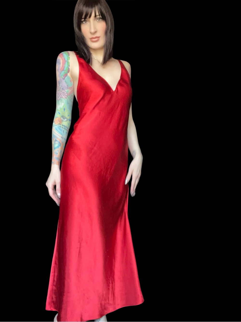 1930s Style 90s Frederick's of Hollywood Red Satin Maxi Slip Dress